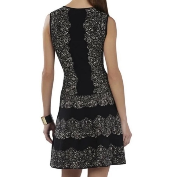 BCBGMAXAZRIA Wilma Black Cream Jacquard Lace Fit and Flare Dress Sleeveless XS - Picture 3 of 11